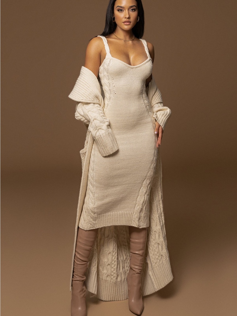 JLUXLABEL Cream Cable Knit High-Low Slip Dress